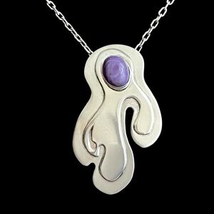 Vintage Artisan made hand wrought sterling silver and charoite brooch